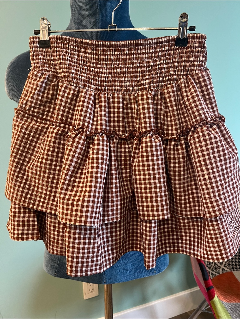 Sienna Sky Brown and White Gingham Tiered Mini Skirt